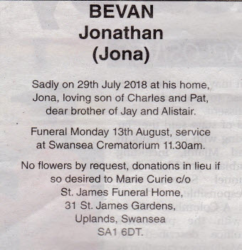 Obituary Jona Bevan