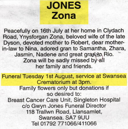 Obituaries Zona Jones